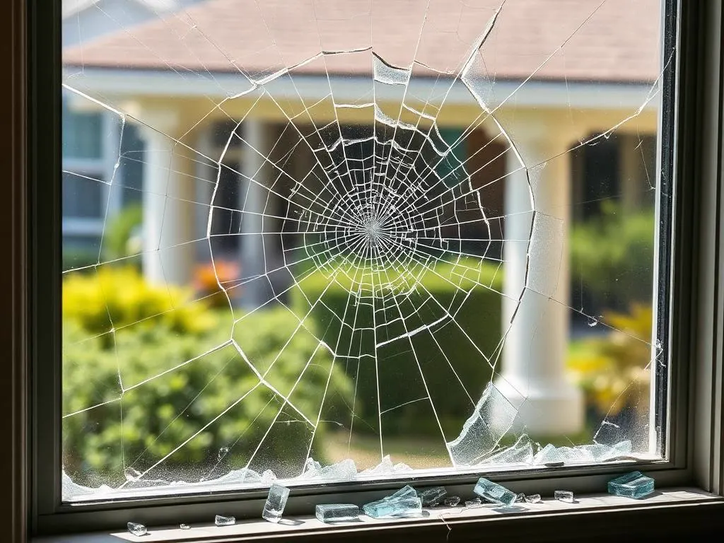 Residential window pane shattered into a spiderweb crack with glass on the sill