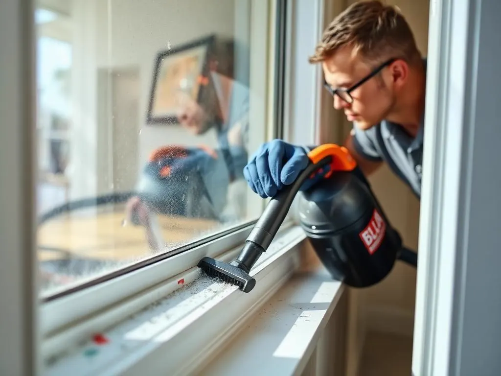 Technician vacuuming broken glass fragments out of a window sill and track