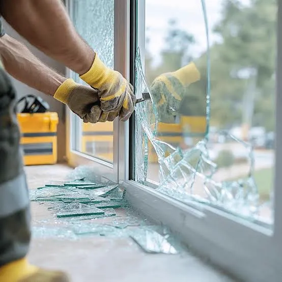 Technician safely removing broken glass from a damaged window