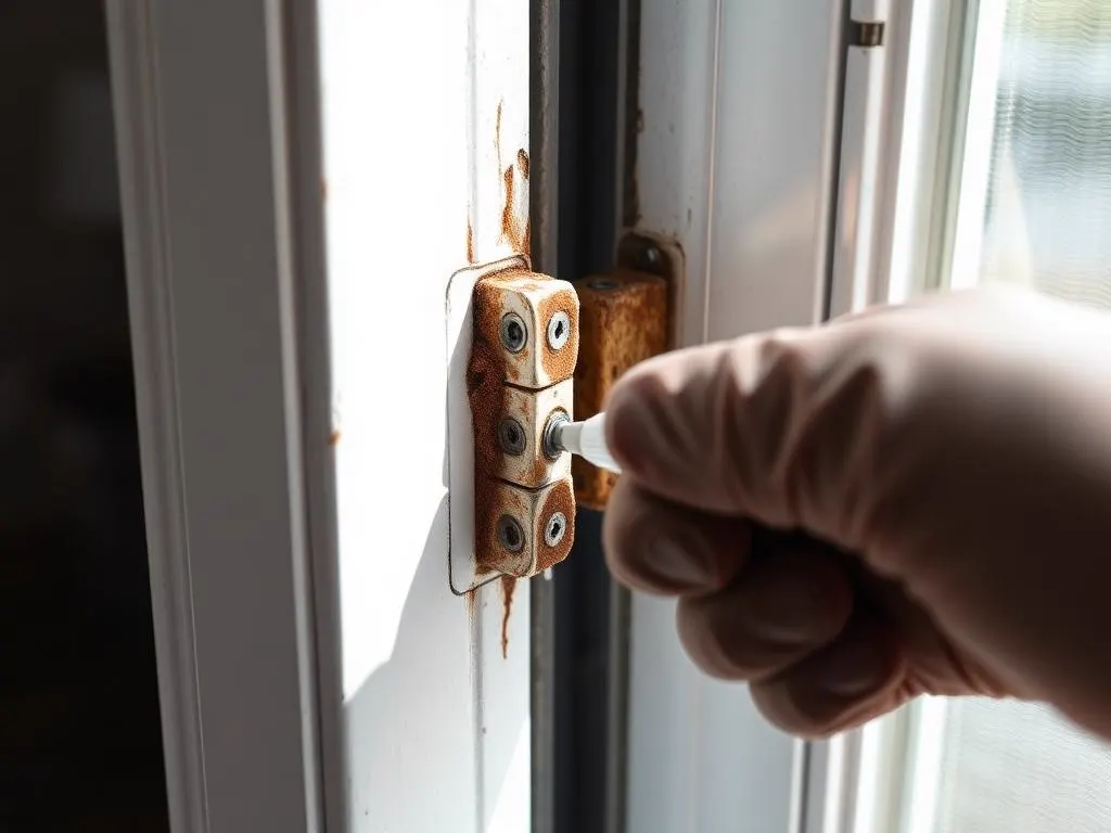 Corroded casement hinge being cleaned and lubricated on a coastal Florida window