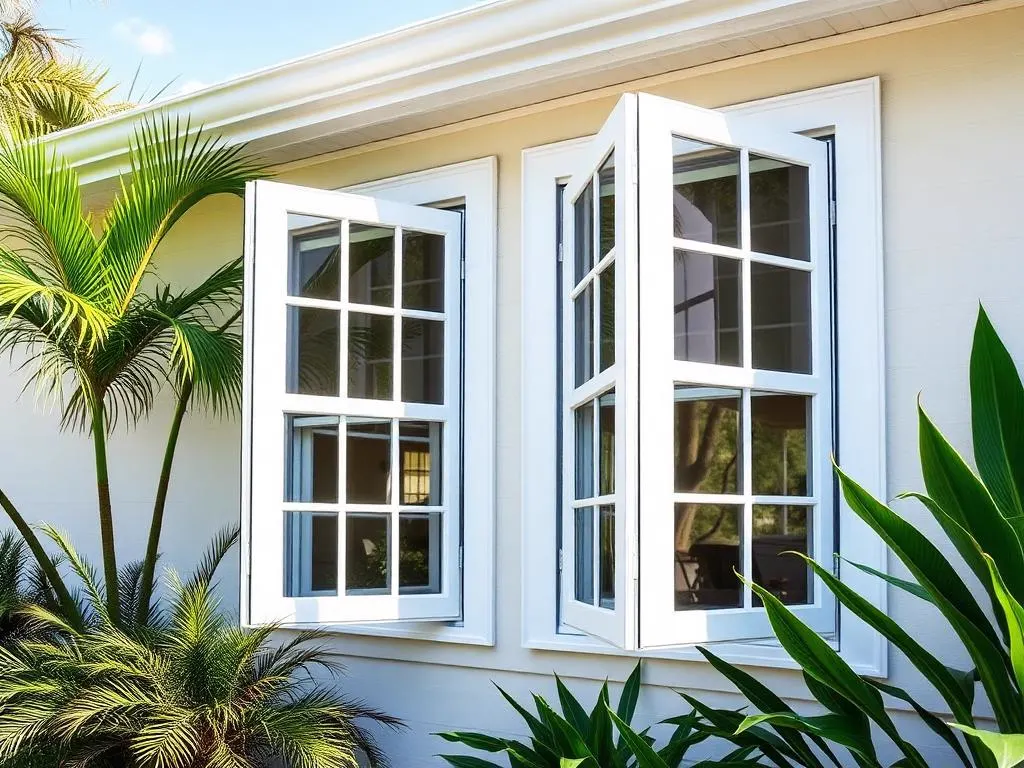 Pair of white casement windows cranked fully open on a Florida home exterior
