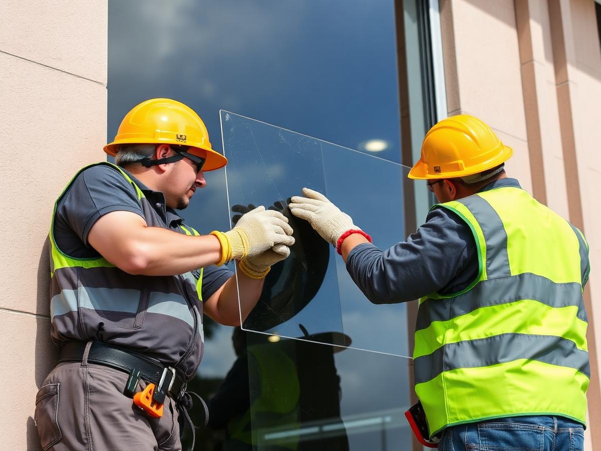 Glaziers handling a large replacement glass panel on a commercial building in Broward County