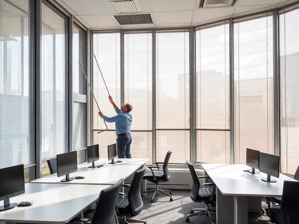 Technician servicing aluminum-framed windows inside a modern Florida office suite