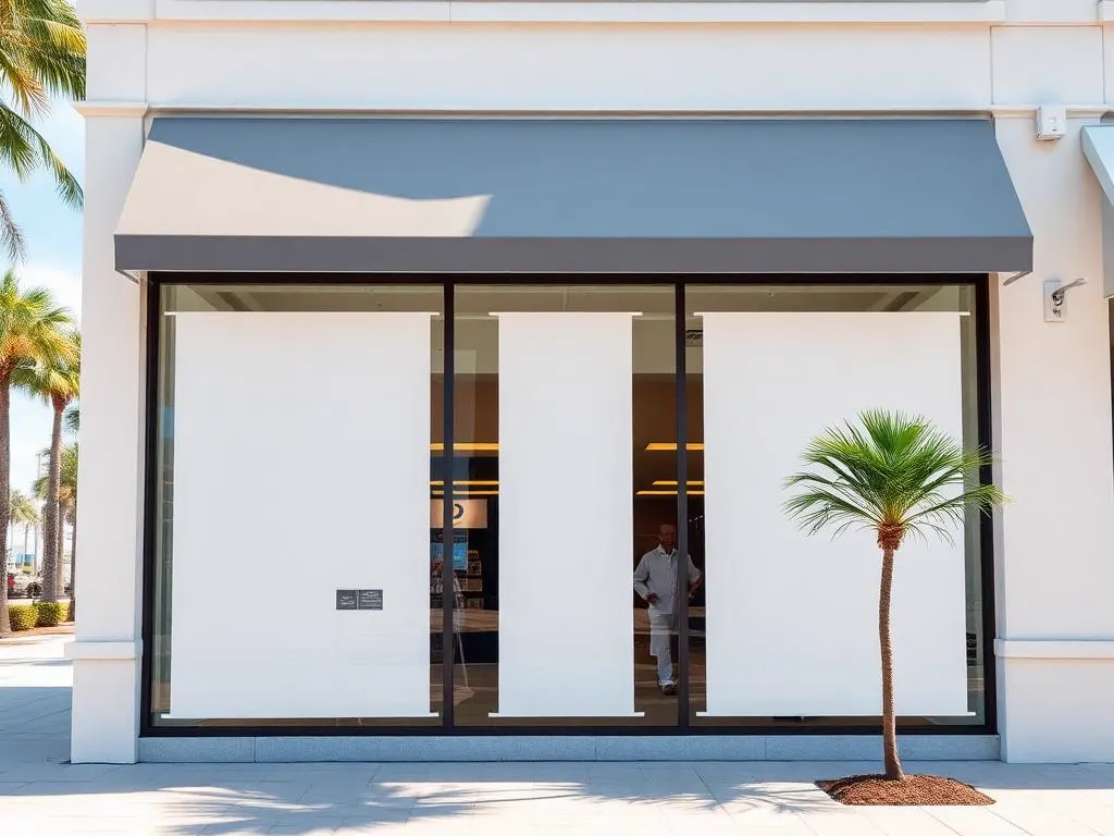Florida retail storefront with tall plate glass windows and an awning