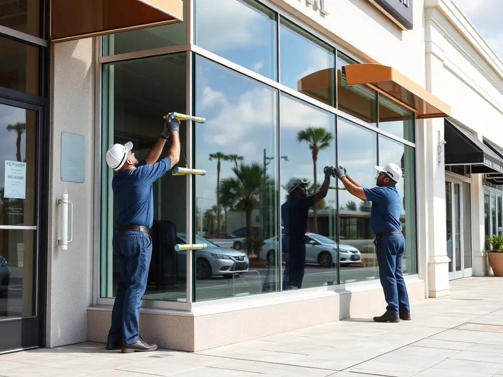 Commercial window repair technicians servicing a Broward County storefront