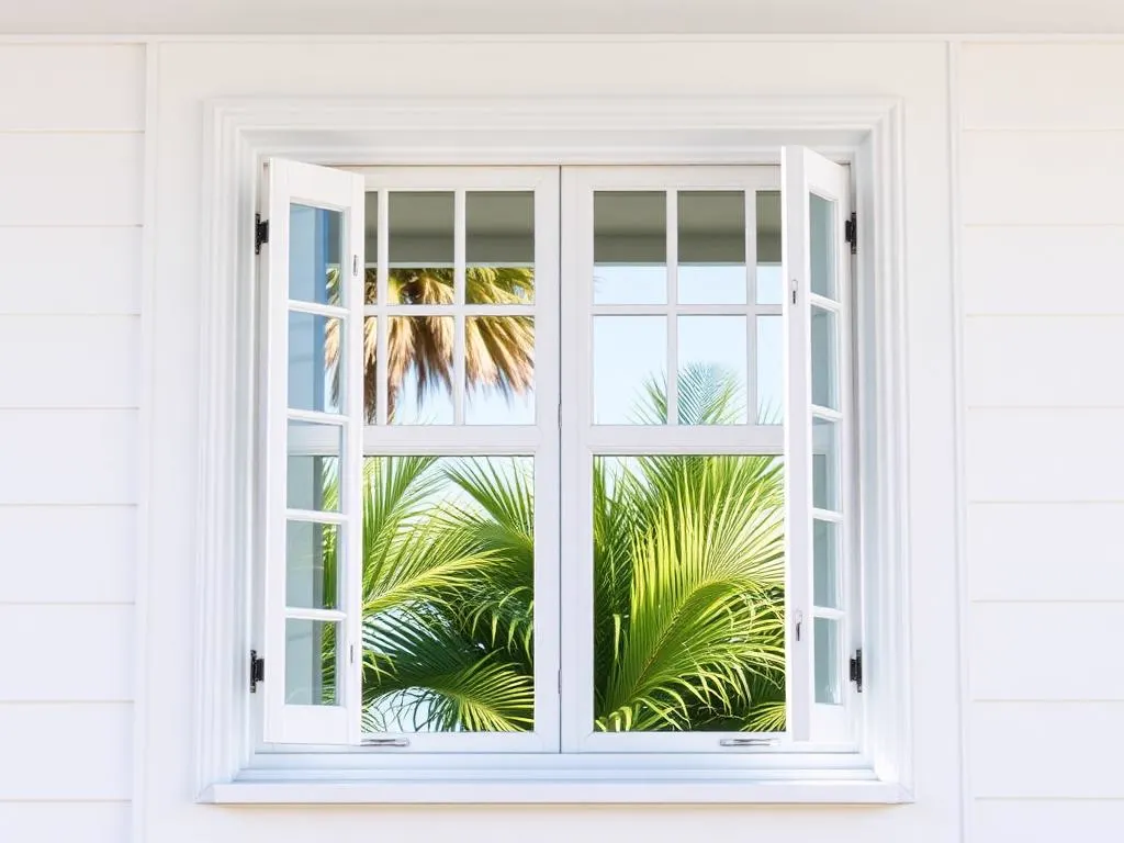 Double-hung window with both sashes open in a bright Florida room