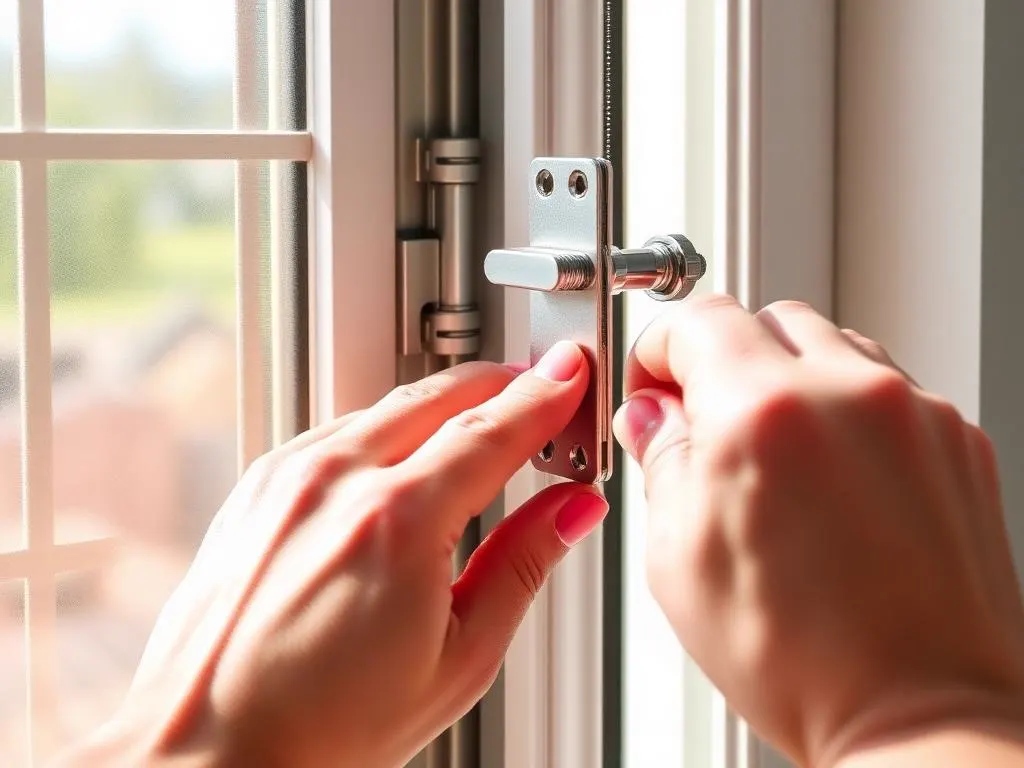 Hands clipping a new sash pivot shoe into the jamb channel of a double-hung window