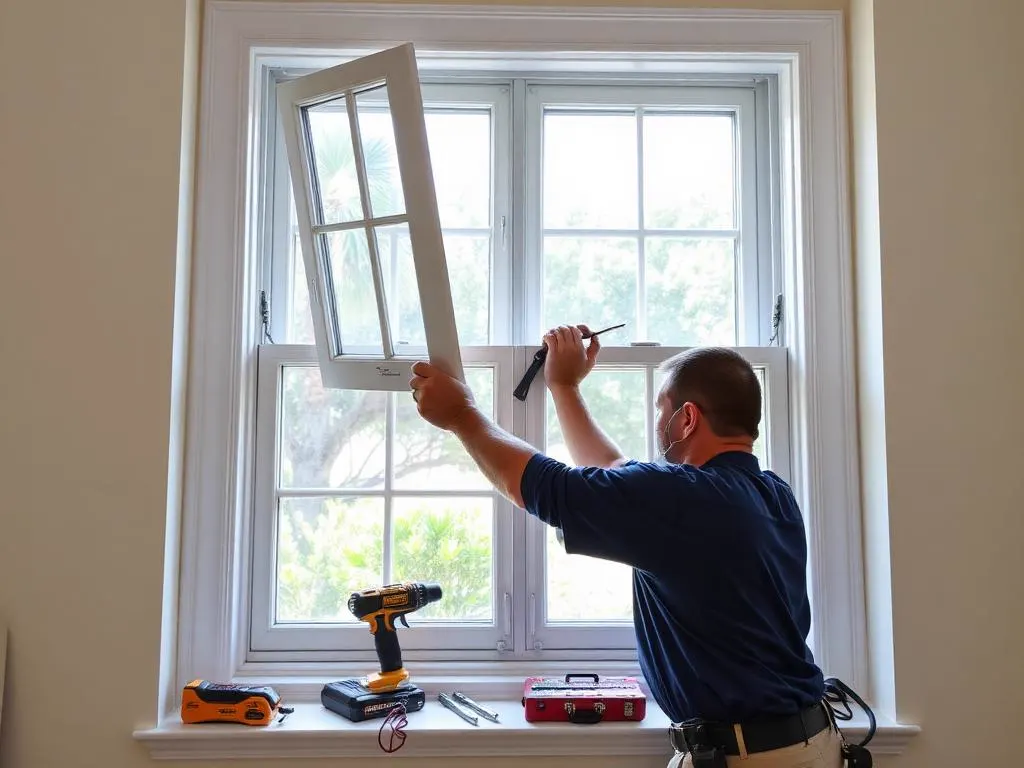 Technician tilting in a double-hung sash to service the balance system in the jamb