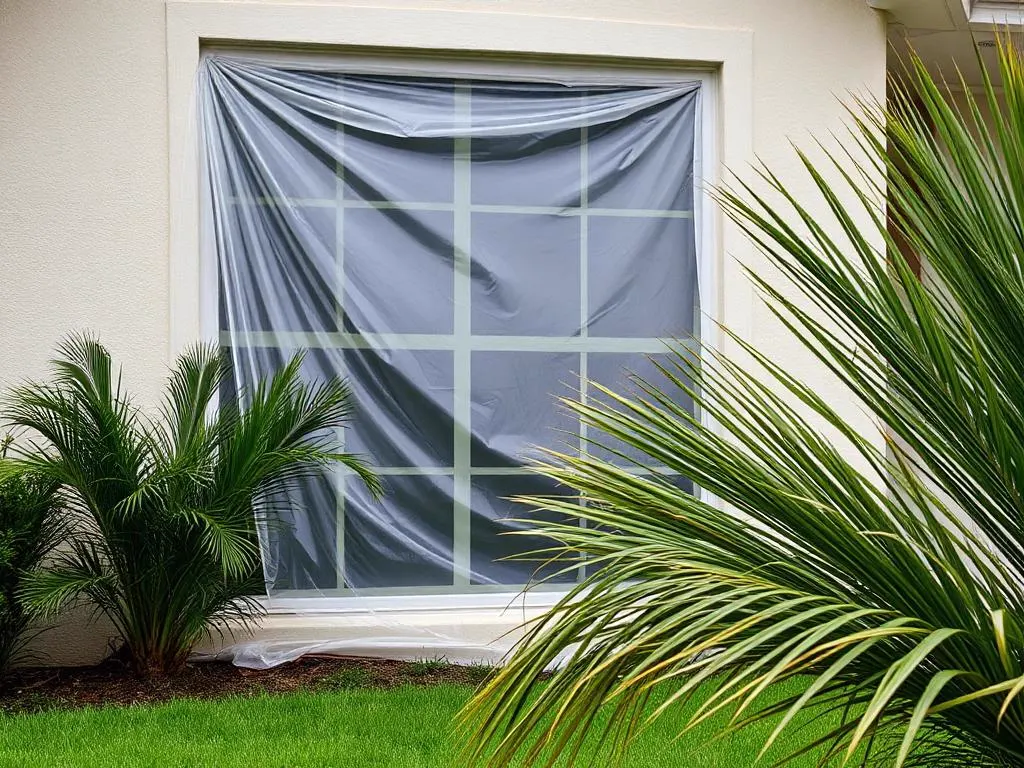 Damaged window temporarily sealed with heavy plastic sheeting after a storm