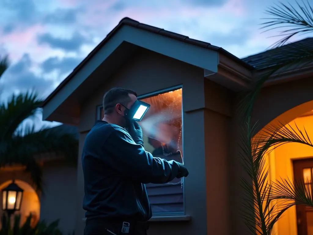 Technician using a work light to secure a broken window at dusk