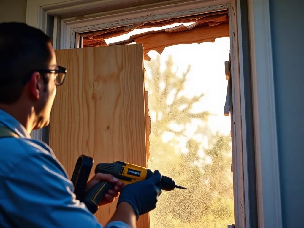 Technician screwing a plywood board-up panel over a storm-damaged window opening