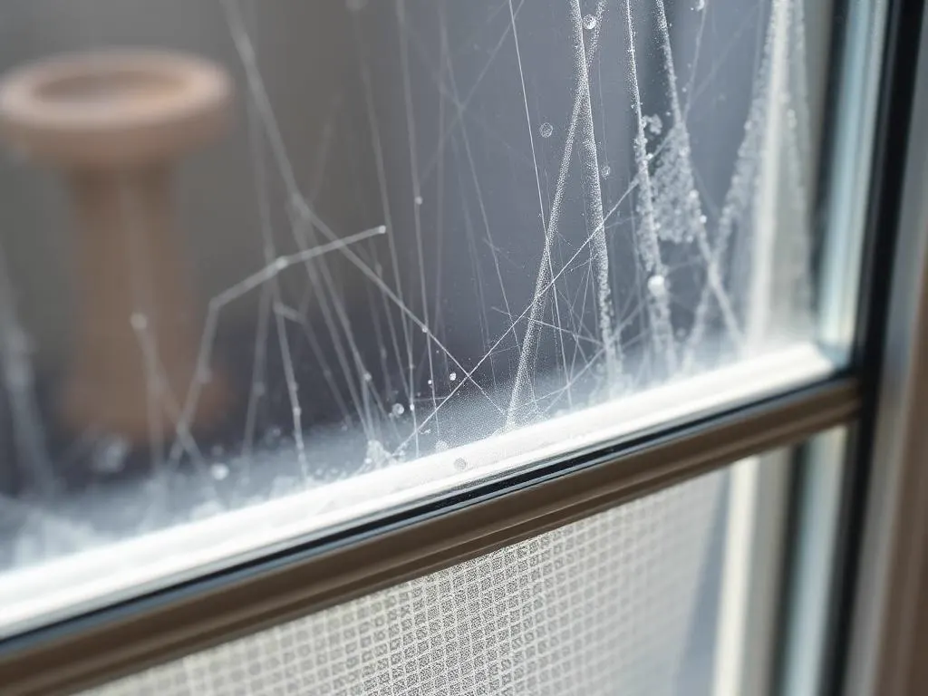 Mineral haze and water streaks on the inner surface of a failed insulated glass unit