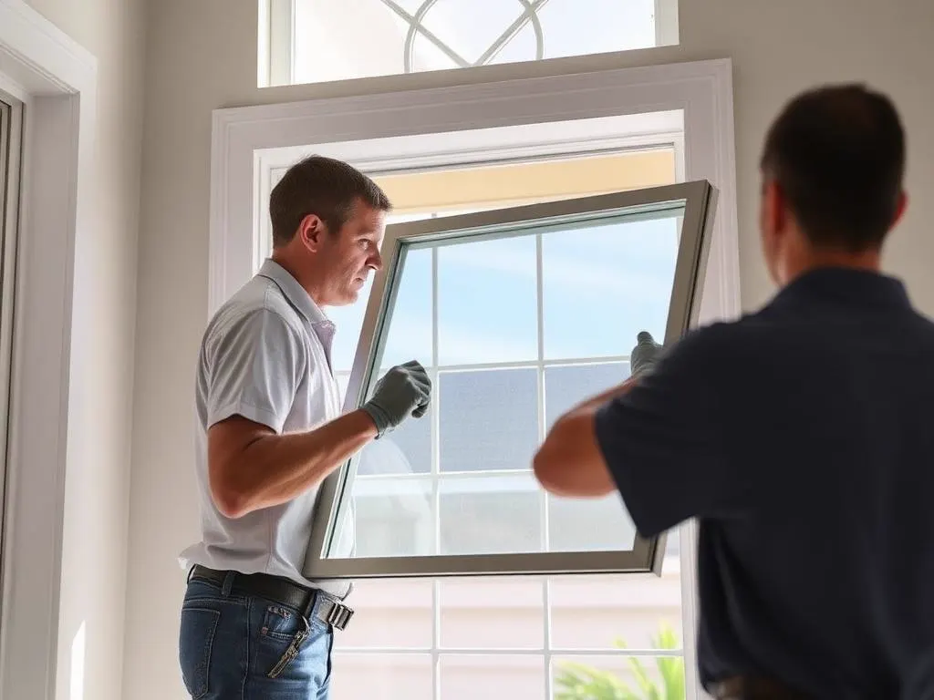 Technicians carrying a clear replacement insulated glass unit to a window opening