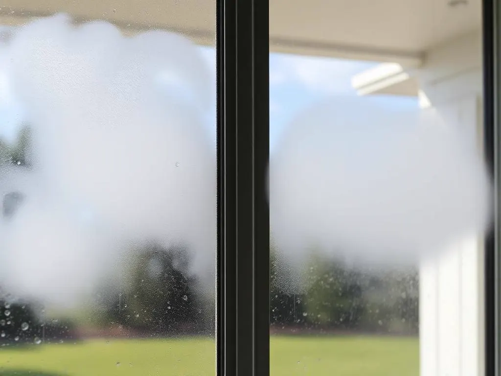 Insulated window pane clouded with trapped moisture and condensation between the glass layers