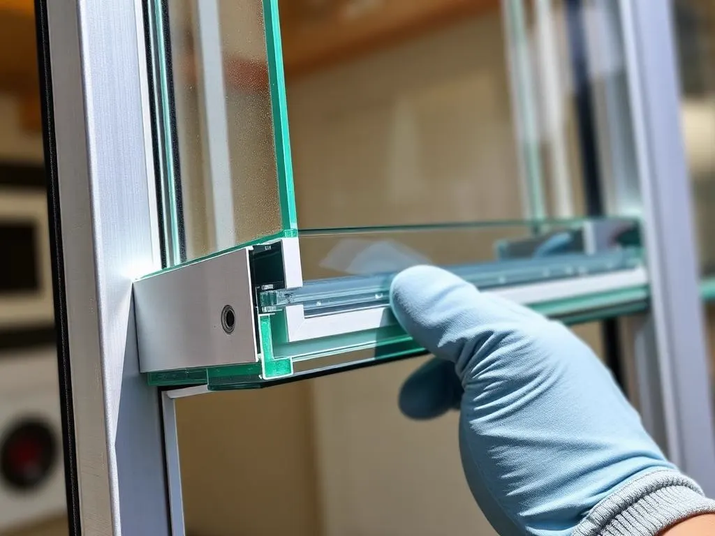 Close-up of thick laminated impact glass in a heavy aluminum frame being inspected