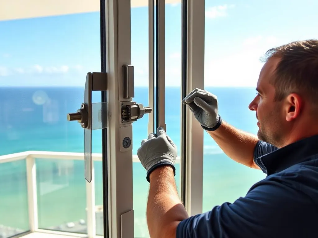 Technician adjusting heavy-duty locking hardware on an impact window in an oceanfront condo
