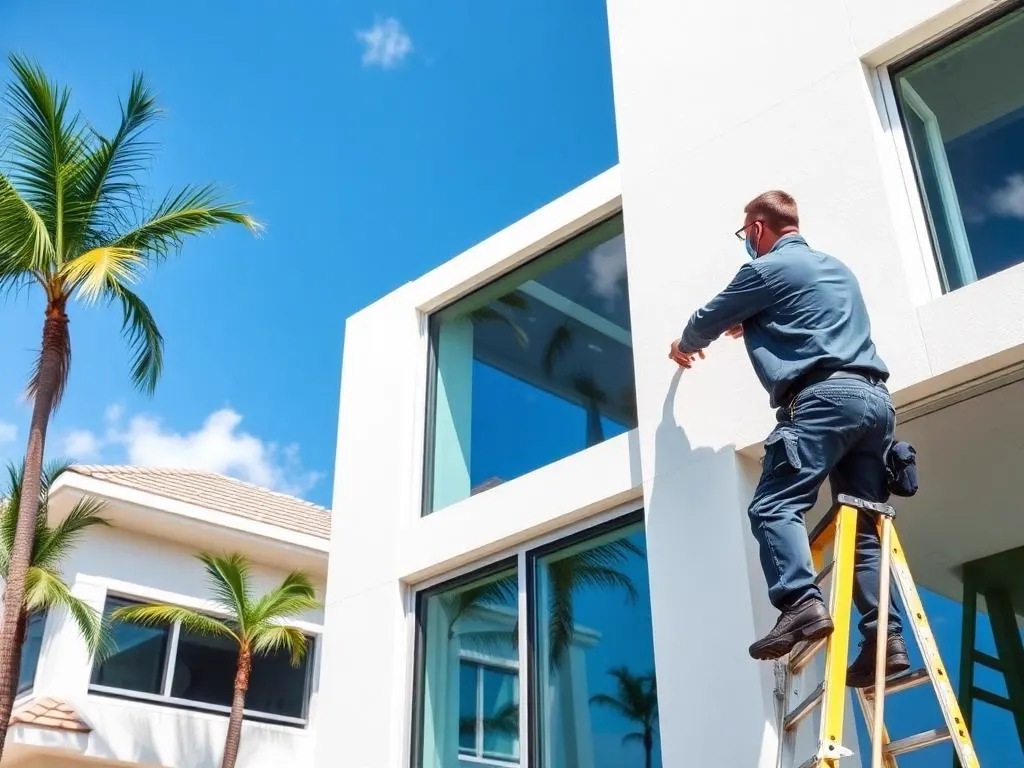 Technician on a ladder servicing a hurricane impact window on a South Florida coastal home