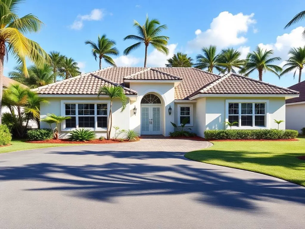 Single-story Florida house with barrel tile roof and white-framed windows