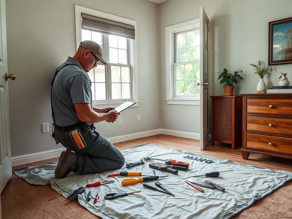 Technician kneeling on a drop cloth with hand tools while servicing a bedroom window
