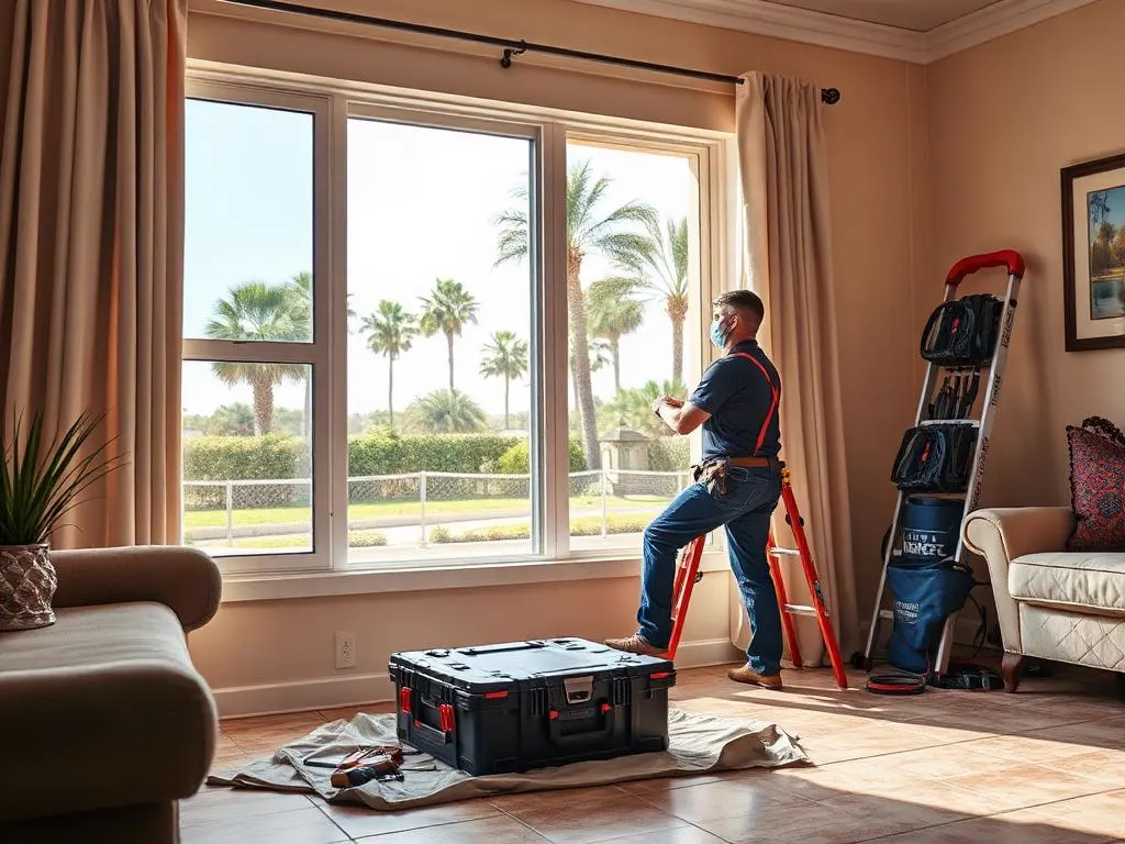 Residential window repair technician servicing a Broward County home