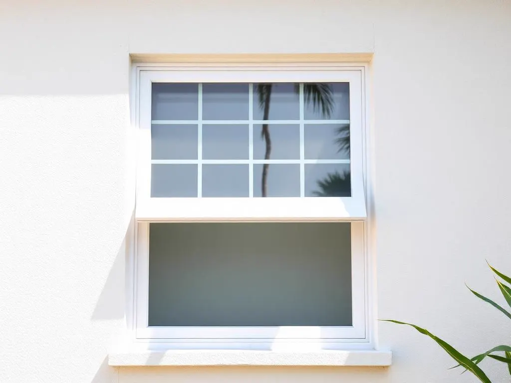White single-hung window on a stucco Florida home with the lower sash raised open