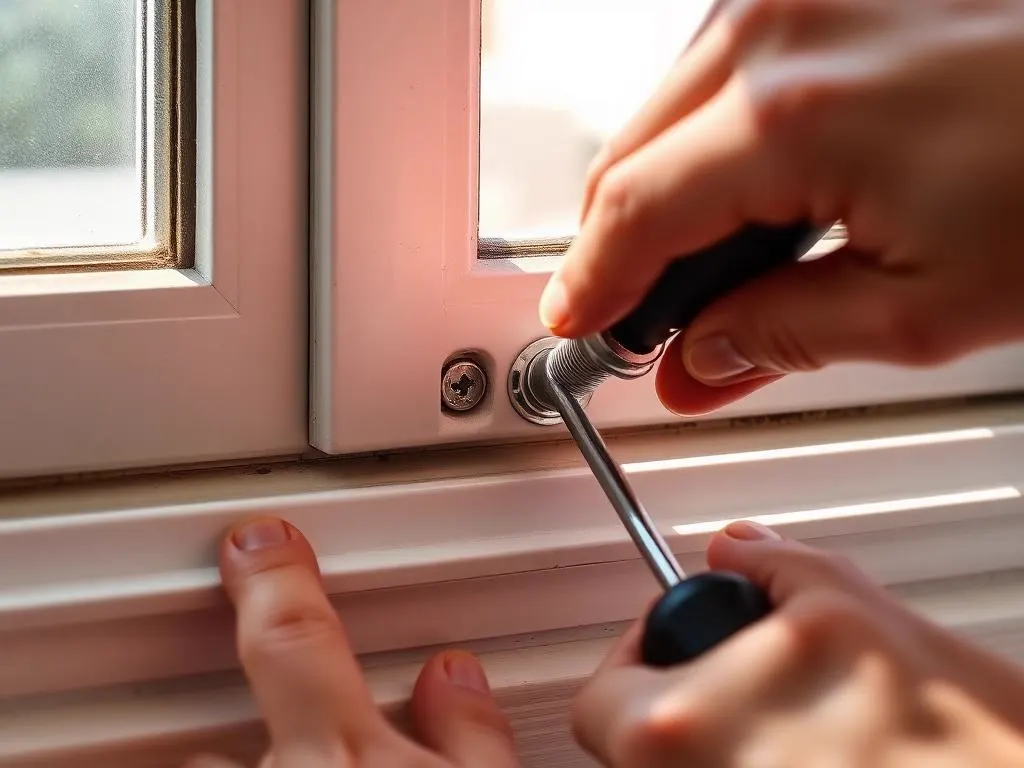 Close-up of hands replacing worn hardware on the bottom rail of a single-hung sash