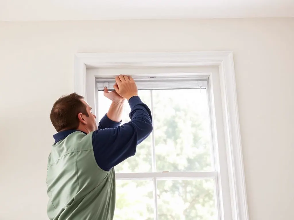 Technician servicing the movable lower sash of a single-hung window in a Florida bedroom