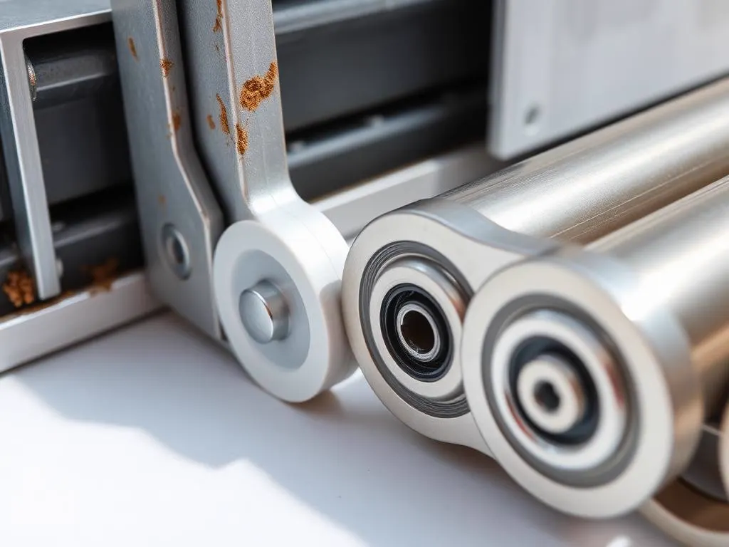 Worn sliding glass door rollers next to new stainless steel roller assemblies