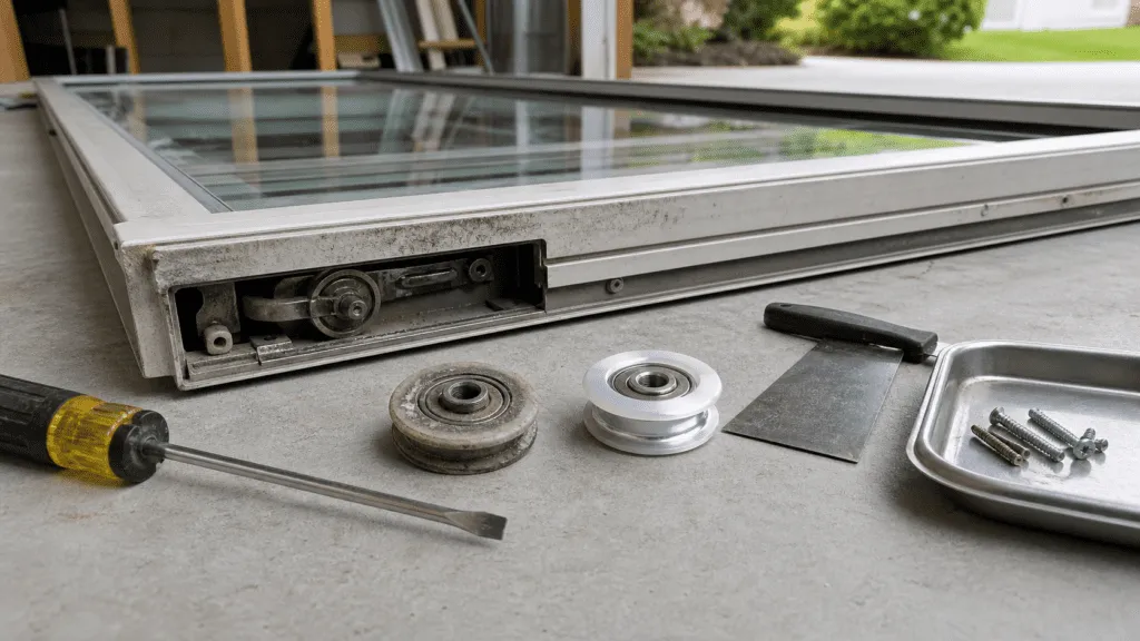 Sliding glass door roller replacement showing old and new rollers in Broward County, Florida