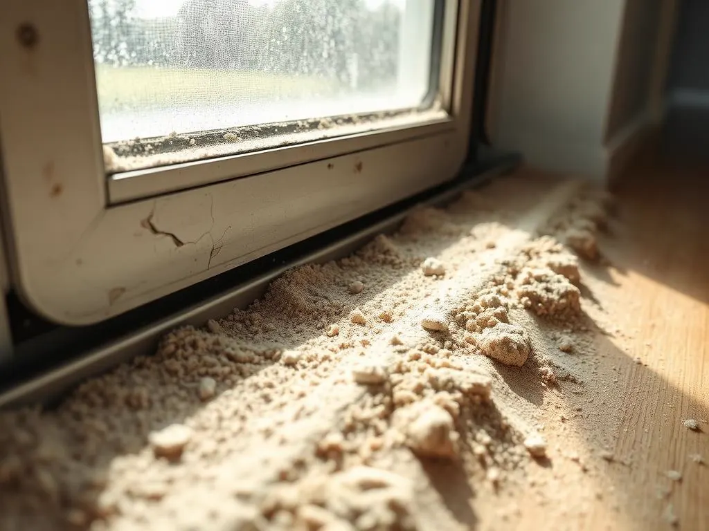 Aluminum sliding door track packed with sand and grit beside a dirty threshold