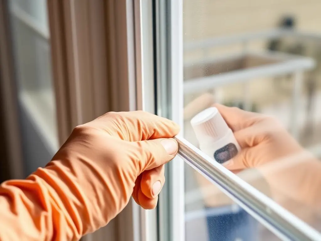 Gloved hand applying dry lubricant to a cleaned sliding window track