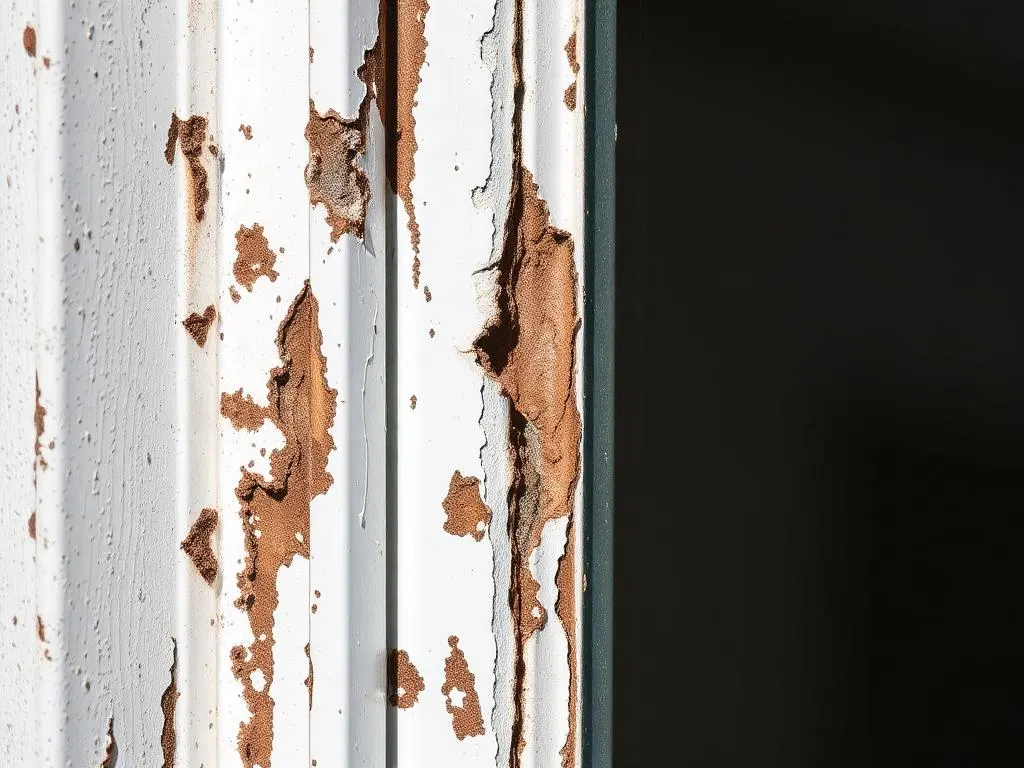 Corroded aluminum window frame with peeling paint and oxidation on a coastal condo