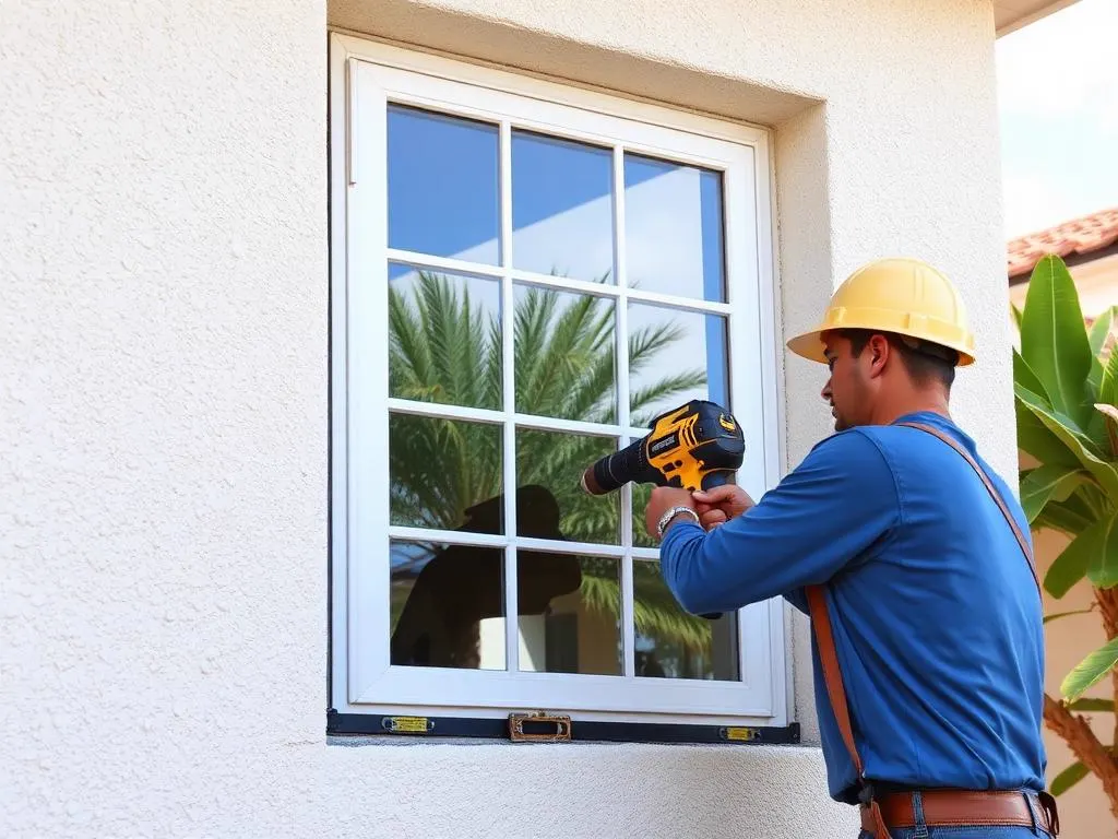 Technician re-anchoring and leveling a window frame in a stucco opening