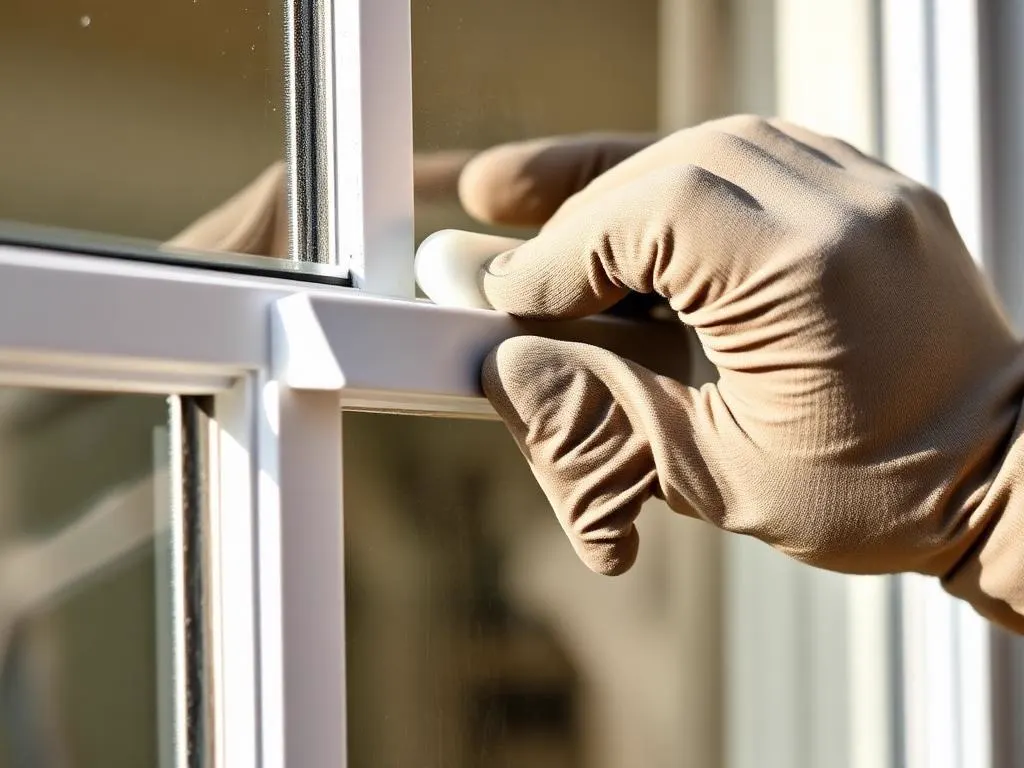 Gloved hand smoothing fresh glazing sealant along the edge of a newly installed window pane