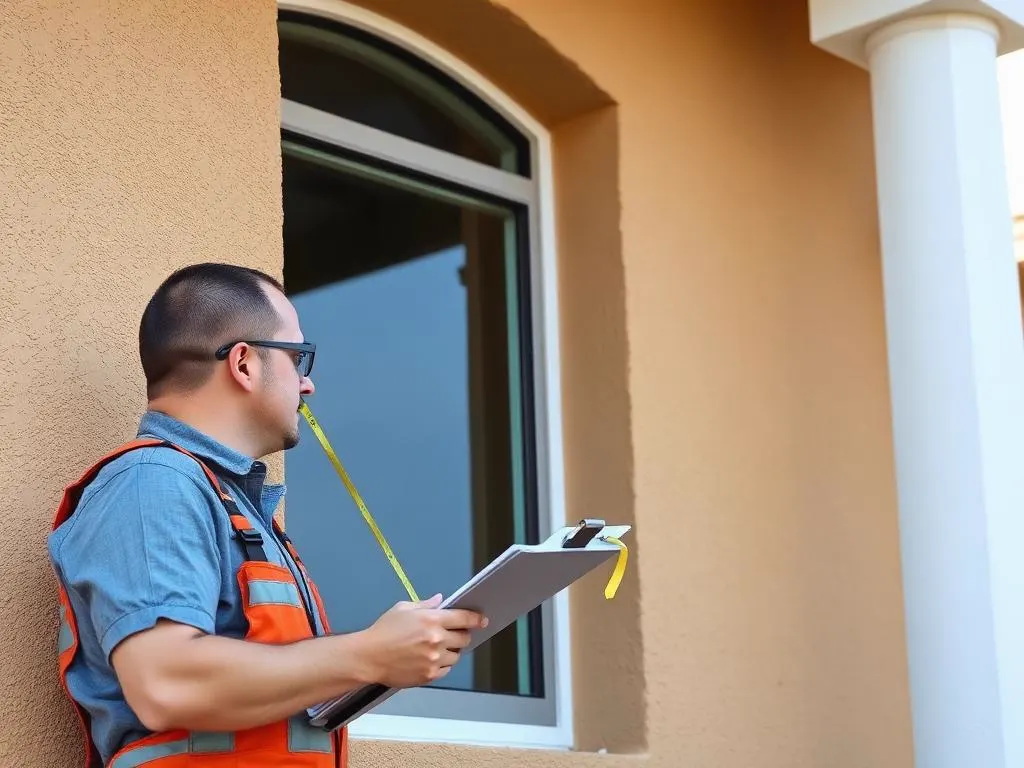 Window technician measuring a glass opening on a stucco house before ordering replacement glass