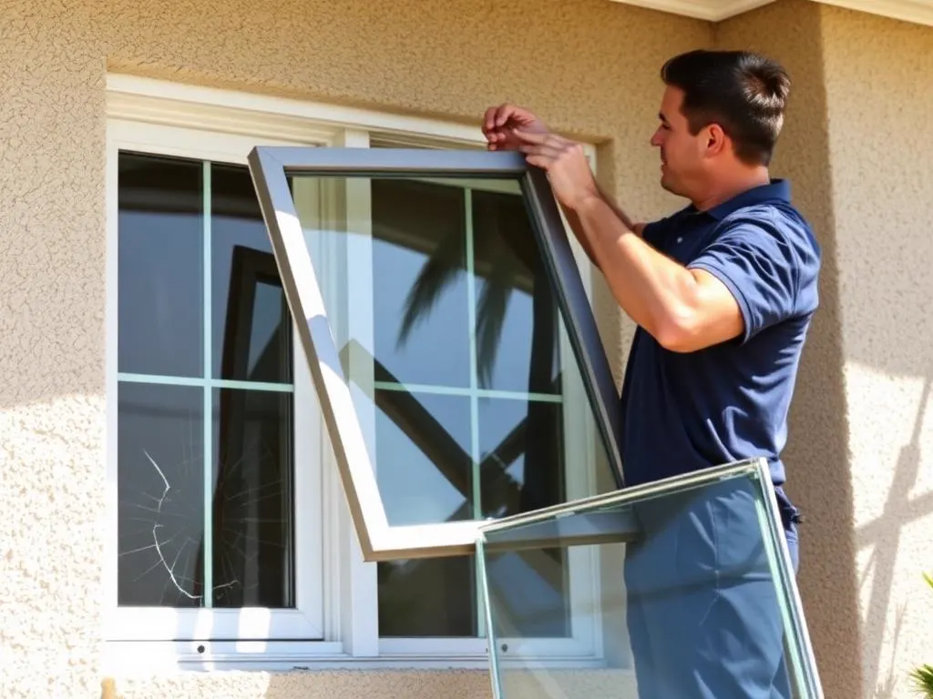 Technician lifting a new glass pane into a window frame beside a cracked pane at a Broward County home
