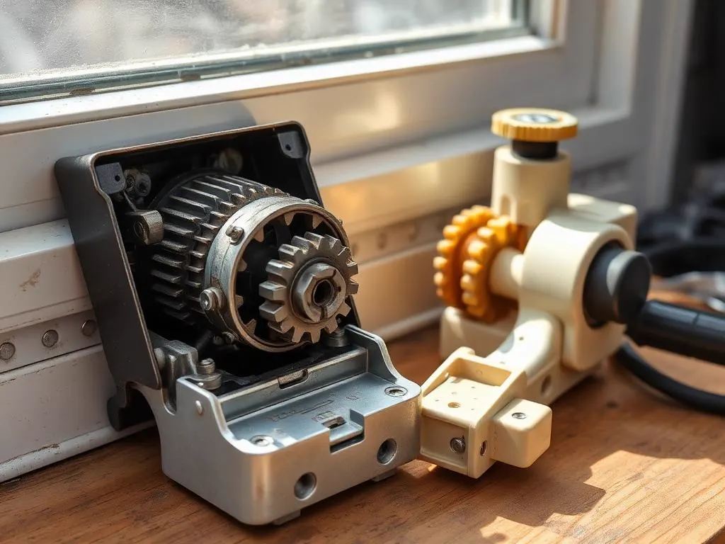 Worn casement crank operator gearbox removed and set beside a new replacement unit