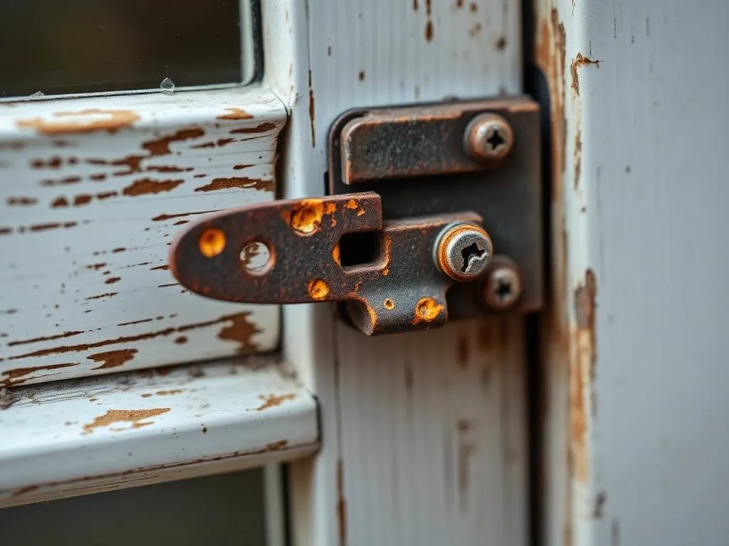 Rusted window latch hanging loose from a weathered sash with corroded screws