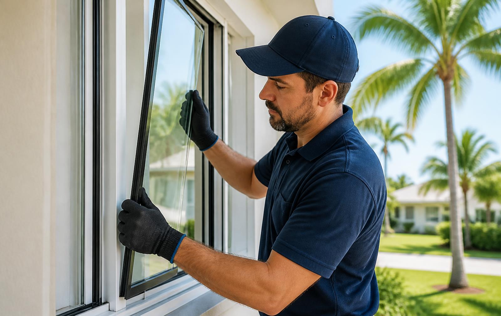 Window technician working on an exterior residential window in the South Florida sun
