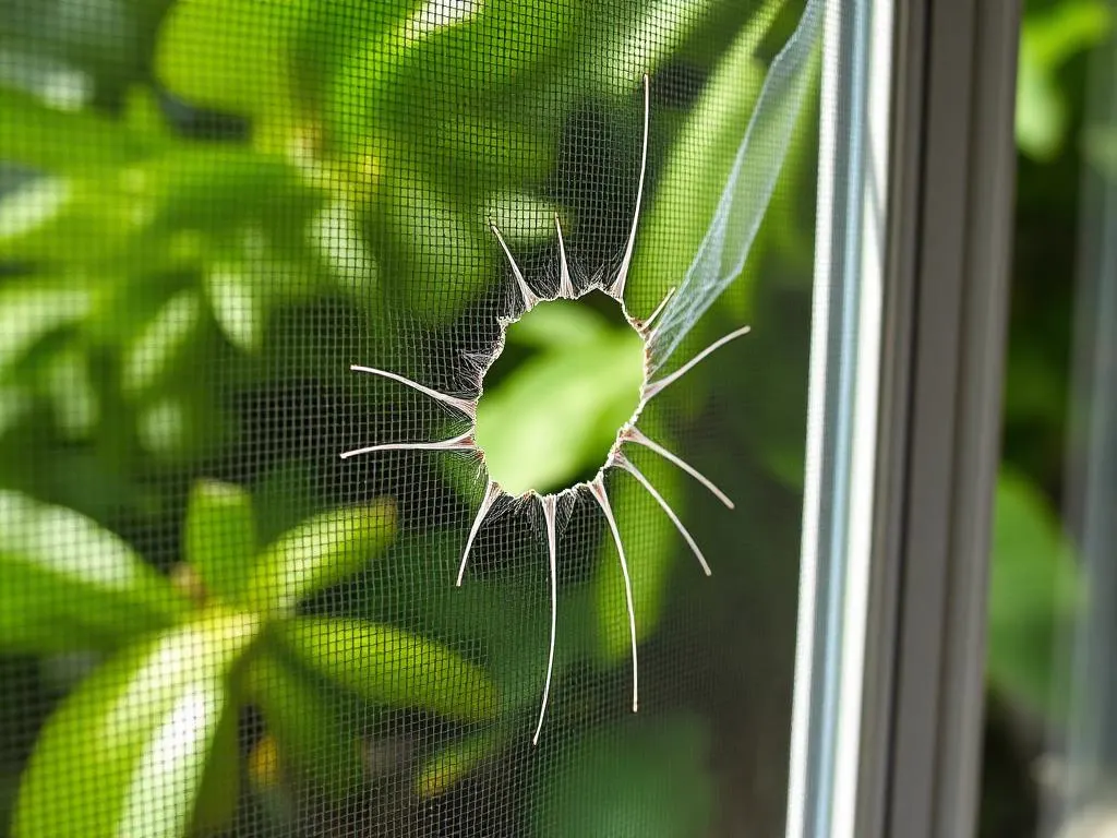 Torn window insect screen with a large hole and frayed mesh strands