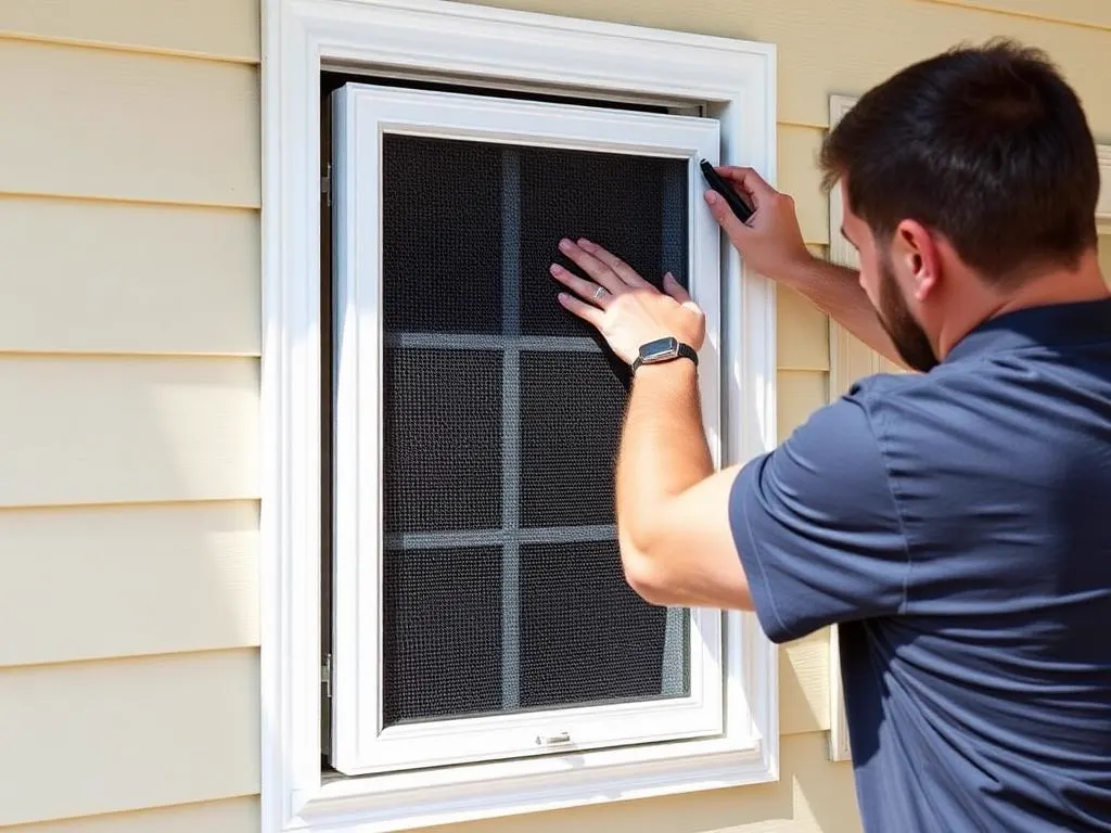 Technician fitting a freshly re-screened frame back into a window opening