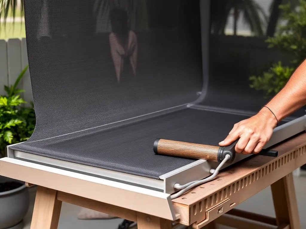 Technician rolling new fiberglass screen mesh into an aluminum screen frame with a spline tool
